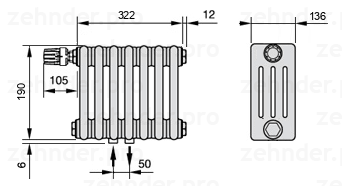 Схема (чертеж) Радиатор Zehnder Charleston 4019/7 №V007 Белый глянцевый RAL 9016